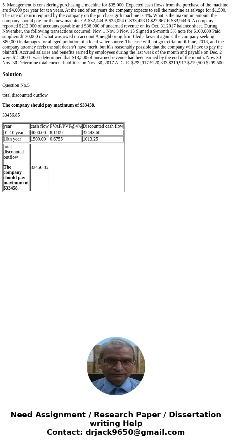  5. Management is considering purchasing a machine for $35,000. Expected cash flows from the purchase of the machine are $4,000 per year for ten years. At the e