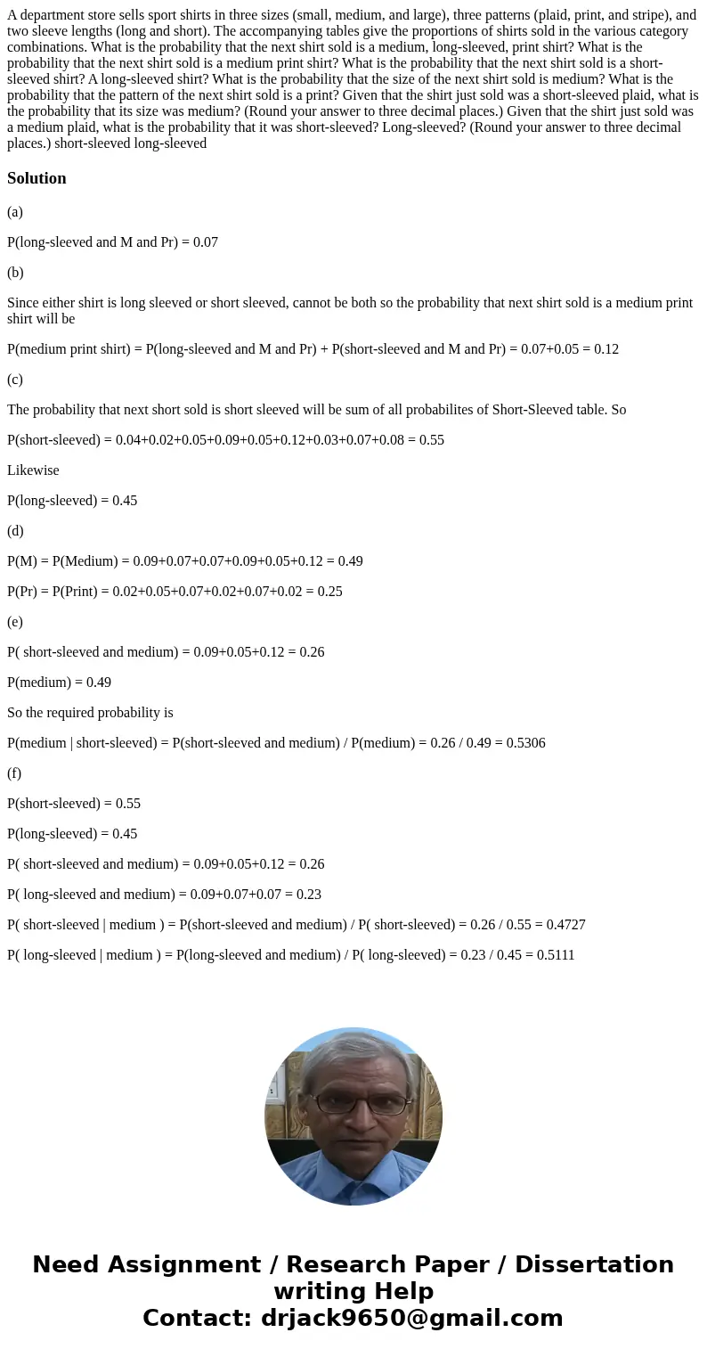 A department store sells sport shirts in three sizes (small, medium, and large), three patterns (plaid, print, and stripe), and two sleeve lengths (long and sh  A department store sells sport shirts in three sizes (small, medium, and large), three patterns (plaid, print, and stripe), and two sleeve lengths (long and sh