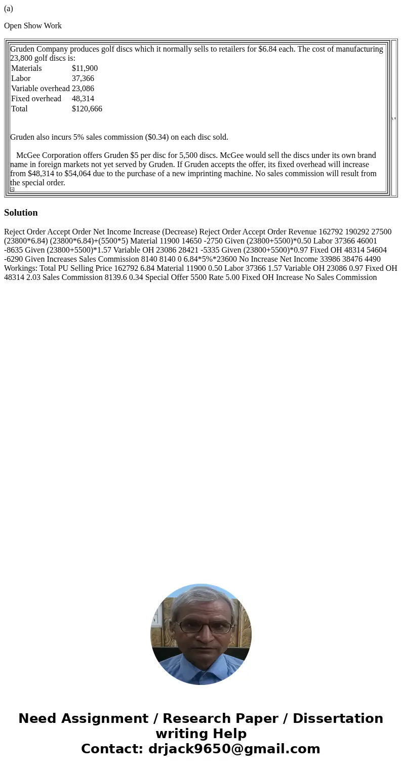 (a) Open Show Work Gruden Company produces golf discs which it normally sells to retailers for $6.84 each. The cost of manufacturing 23,800 golf discs is: Mater