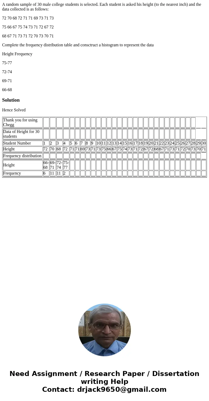 A random sample of 30 male college students is selected. Each student is asked his height (to the nearest inch) and the data collected is as follows: 72 70 68 7