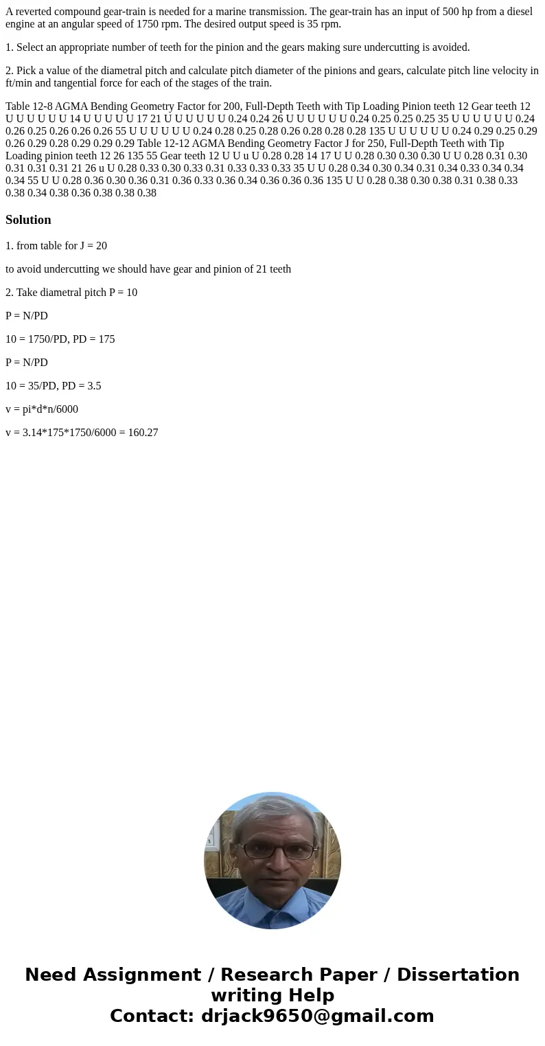 A reverted compound gear-train is needed for a marine transmission. The gear-train has an input of 500 hp from a diesel engine at an angular speed of 1750 rpm.  A reverted compound gear-train is needed for a marine transmission. The gear-train has an input of 500 hp from a diesel engine at an angular speed of 1750 rpm.