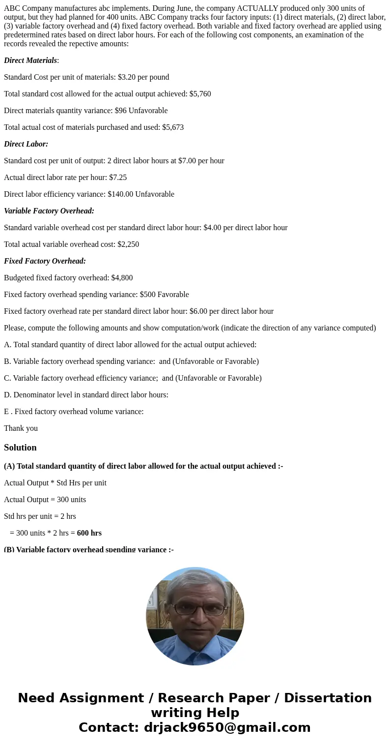 ABC Company manufactures abc implements. During June, the company ACTUALLY produced only 300 units of output, but they had planned for 400 units. ABC Company tr ABC Company manufactures abc implements. During June, the company ACTUALLY produced only 300 units of output, but they had planned for 400 units. ABC Company tr