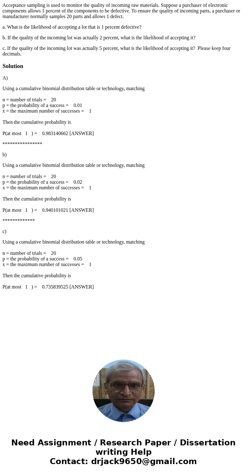 Acceptance sampling is used to monitor the quality of incoming raw materials. Suppose a purchaser of electronic components allows 1 percent of the components to
