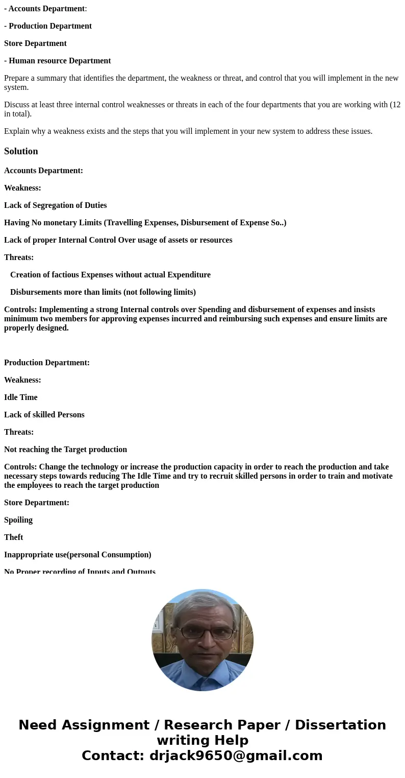 - Accounts Department: - Production Department Store Department - Human resource Department Prepare a summary that identifies the department, the weakness or th - Accounts Department: - Production Department Store Department - Human resource Department Prepare a summary that identifies the department, the weakness or th
