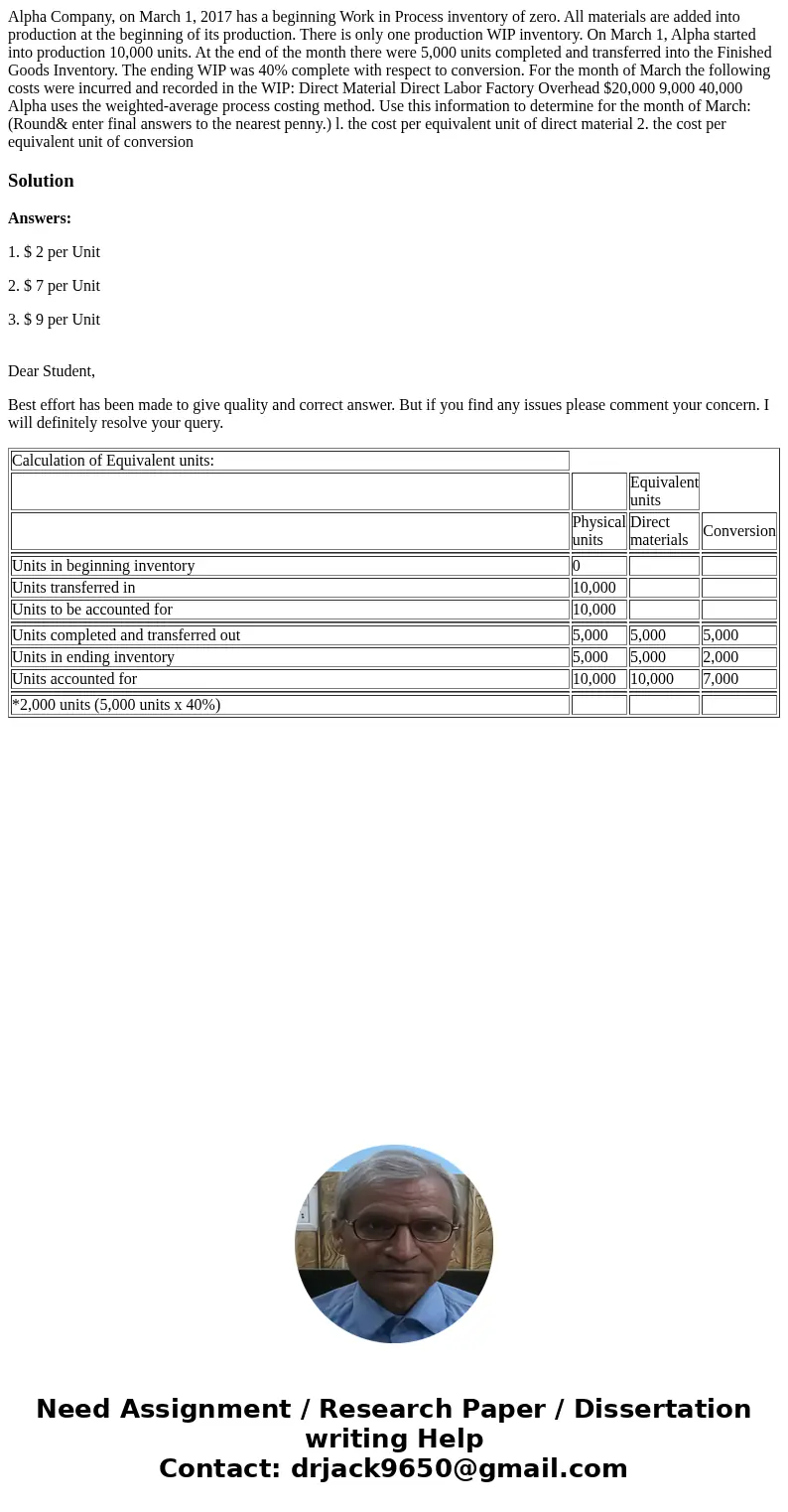  Alpha Company, on March 1, 2017 has a beginning Work in Process inventory of zero. All materials are added into production at the beginning of its production. 