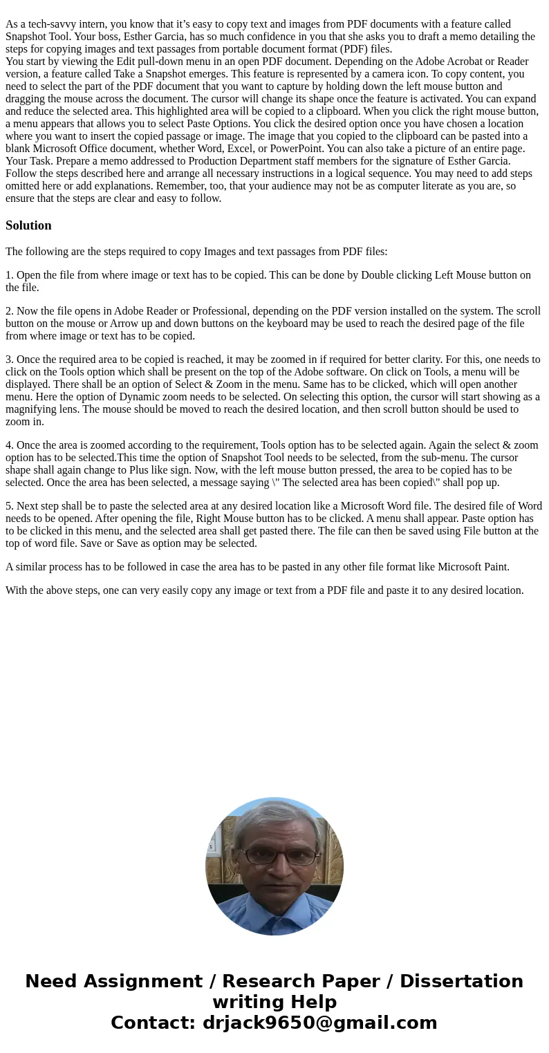 As a tech-savvy intern, you know that it’s easy to copy text and images from PDF documents with a feature called Snapshot Tool. Your boss, Esther Garcia, has s  As a tech-savvy intern, you know that it’s easy to copy text and images from PDF documents with a feature called Snapshot Tool. Your boss, Esther Garcia, has s