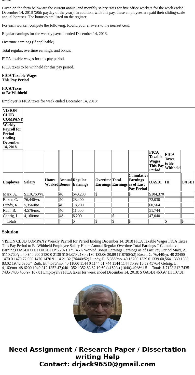 At Vision Club Company, office workers are employed for a 40-hour workweek on either an annual or a monthly salary basis. Given on the form below are the curren