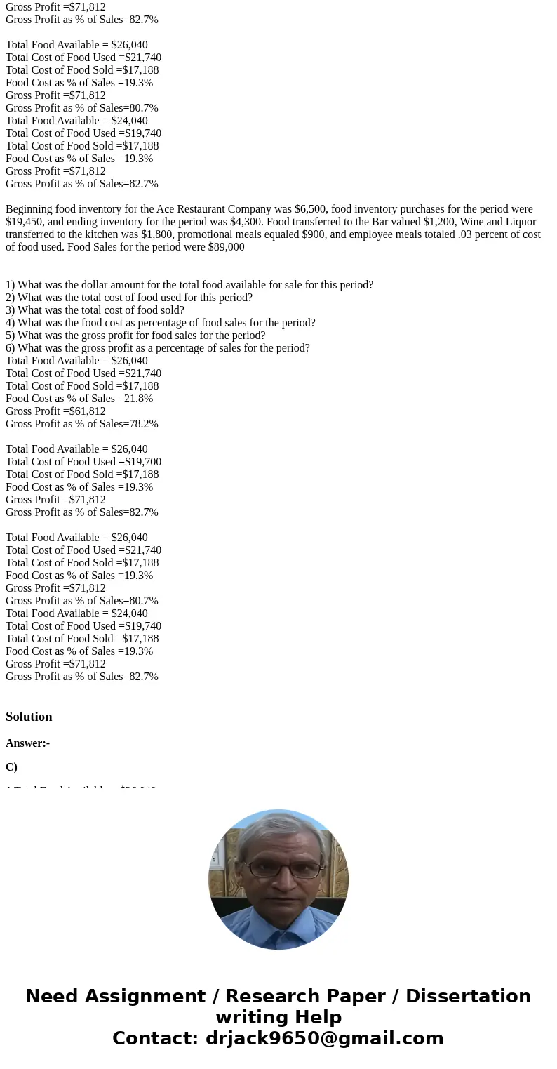 Beginning food inventory for the Ace Restaurant Company was $6,500, food inventory purchases for the period were $19,450, and ending inventory for the period w  Beginning food inventory for the Ace Restaurant Company was $6,500, food inventory purchases for the period were $19,450, and ending inventory for the period w