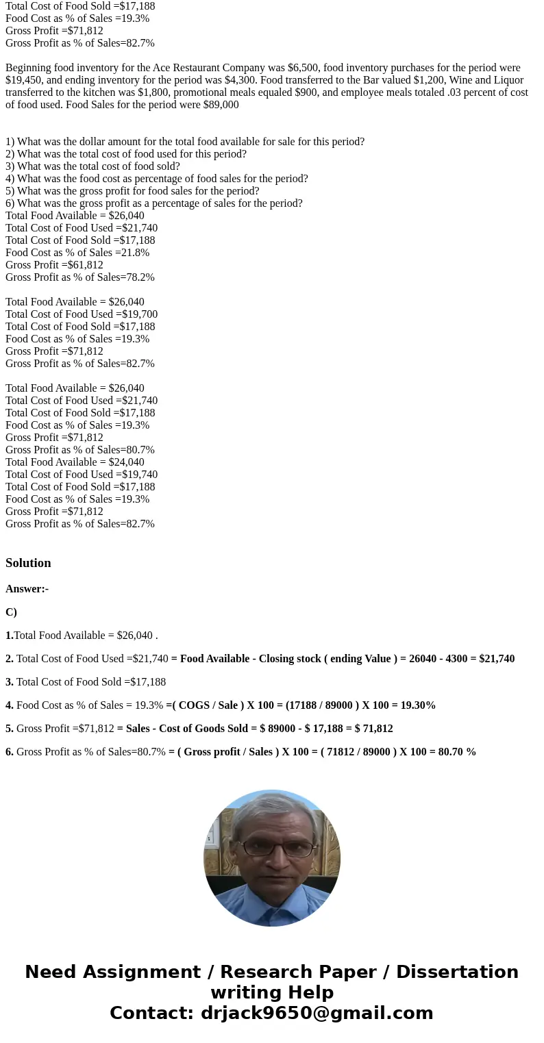 Beginning food inventory for the Ace Restaurant Company was $6,500, food inventory purchases for the period were $19,450, and ending inventory for the period w  Beginning food inventory for the Ace Restaurant Company was $6,500, food inventory purchases for the period were $19,450, and ending inventory for the period w