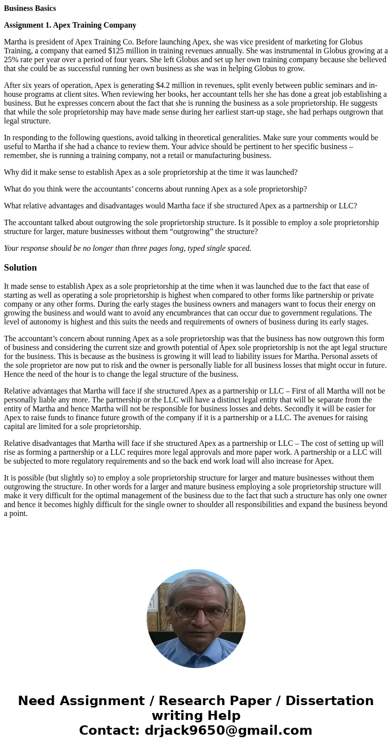 Business Basics Assignment 1. Apex Training Company Martha is president of Apex Training Co. Before launching Apex, she was vice president of marketing for Glob Business Basics Assignment 1. Apex Training Company Martha is president of Apex Training Co. Before launching Apex, she was vice president of marketing for Glob