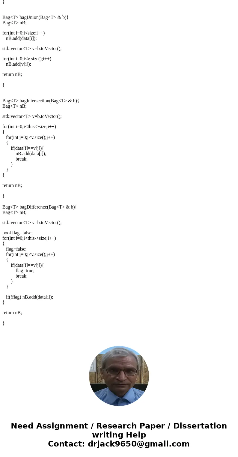 C++ ADT Bag Union Help. I need to write the following program but I\'m having trouble with implementation files methods and calling these methods from main(). T C++ ADT Bag Union Help. I need to write the following program but I\'m having trouble with implementation files methods and calling these methods from main(). T