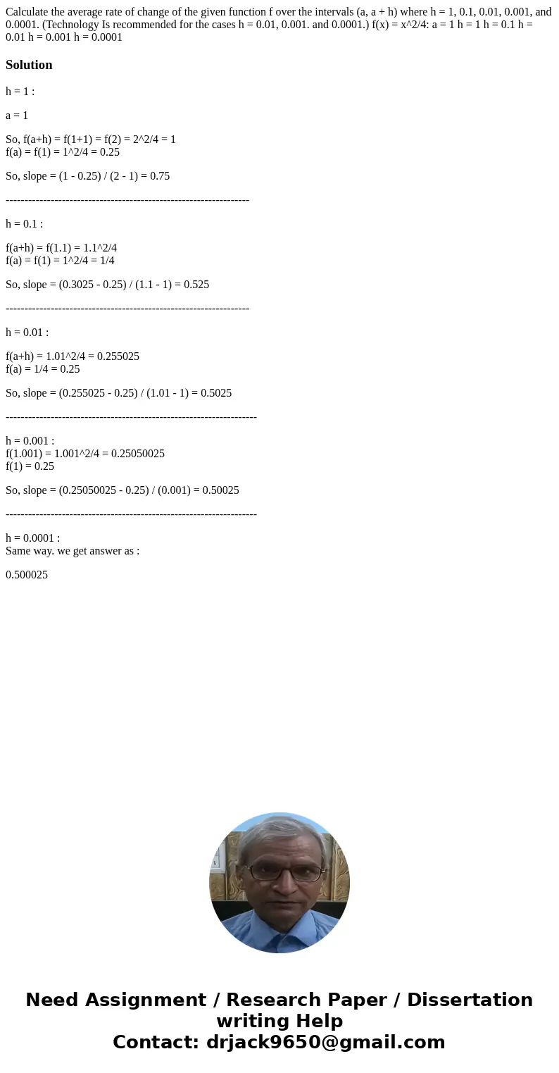  Calculate the average rate of change of the given function f over the intervals (a, a + h) where h = 1, 0.1, 0.01, 0.001, and 0.0001. (Technology Is recommende