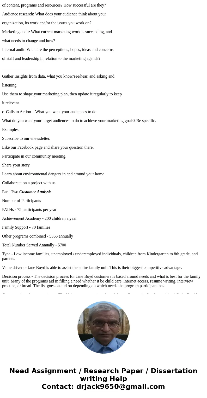 Can you please just answer the Part 1. I already finished the part 2 and 4. Thanks! Jane Boyd Community House http://janeboyd.org Marketing Plan Template The Ch Can you please just answer the Part 1. I already finished the part 2 and 4. Thanks! Jane Boyd Community House http://janeboyd.org Marketing Plan Template The Ch