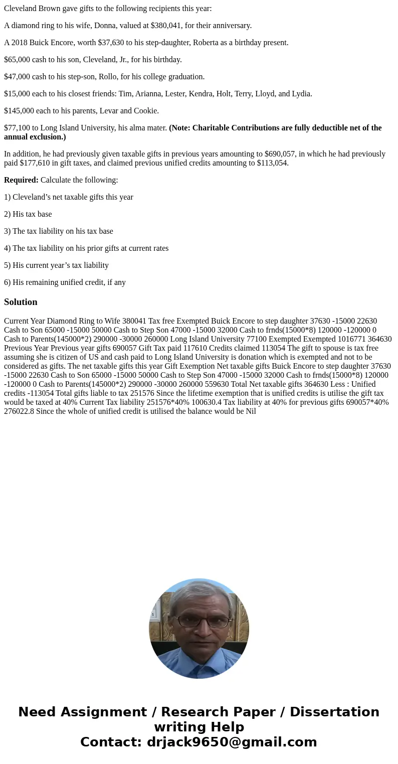 Cleveland Brown gave gifts to the following recipients this year: A diamond ring to his wife, Donna, valued at $380,041, for their anniversary. A 2018 Buick Enc Cleveland Brown gave gifts to the following recipients this year: A diamond ring to his wife, Donna, valued at $380,041, for their anniversary. A 2018 Buick Enc