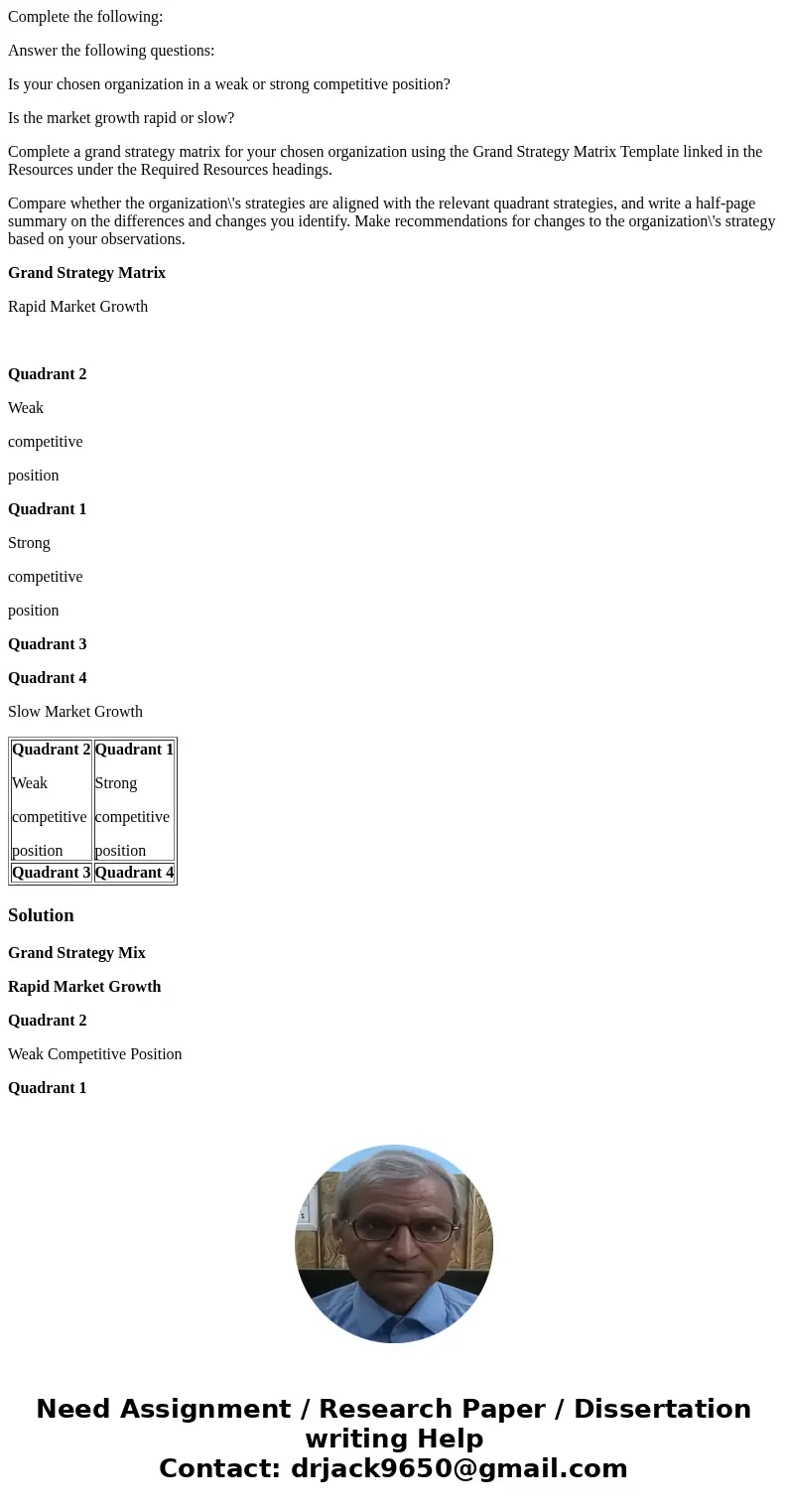 Complete the following: Answer the following questions: Is your chosen organization in a weak or strong competitive position? Is the market growth rapid or slow Complete the following: Answer the following questions: Is your chosen organization in a weak or strong competitive position? Is the market growth rapid or slow