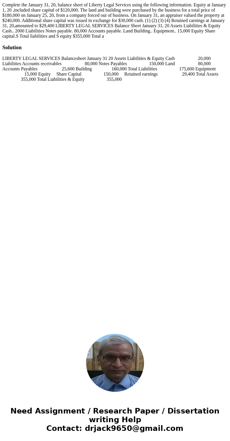 Complete the January 31, 20, balance sheet of Liberty Legal Services using the following information. Equity at January 1, 20 ,included share capital of $120,0  Complete the January 31, 20, balance sheet of Liberty Legal Services using the following information. Equity at January 1, 20 ,included share capital of $120,0