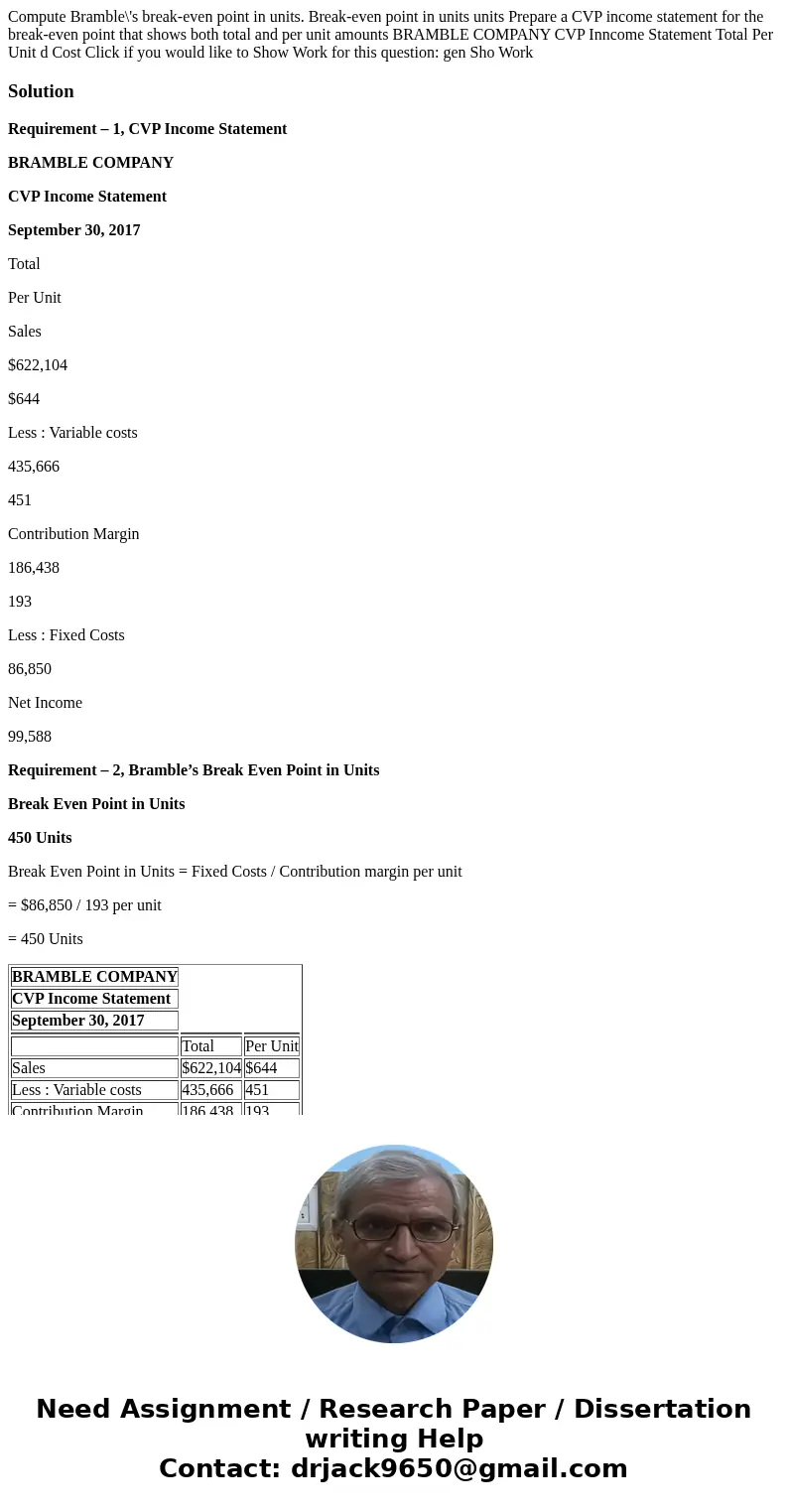  Compute Bramble\'s break-even point in units. Break-even point in units units Prepare a CVP income statement for the break-even point that shows both total and