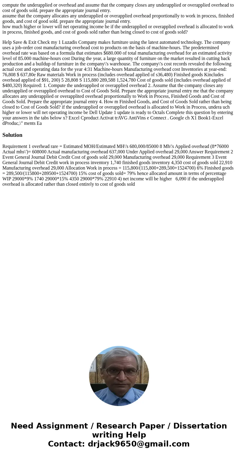  compute the underapplied or overhead and assume that the company closes any underapplied or overapplied overhead to cost of goods sold. prepare the appropriate