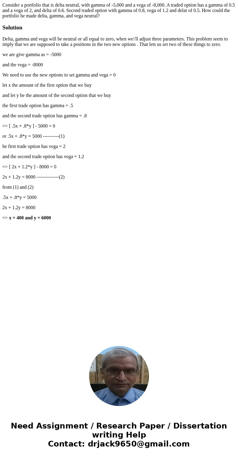 Consider a portfolio that is delta neutral, with gamma of -5,000 and a vega of -8,000. A traded option has a gamma of 0.5 and a vega of 2, and delta of 0.6. Sec Consider a portfolio that is delta neutral, with gamma of -5,000 and a vega of -8,000. A traded option has a gamma of 0.5 and a vega of 2, and delta of 0.6. Sec