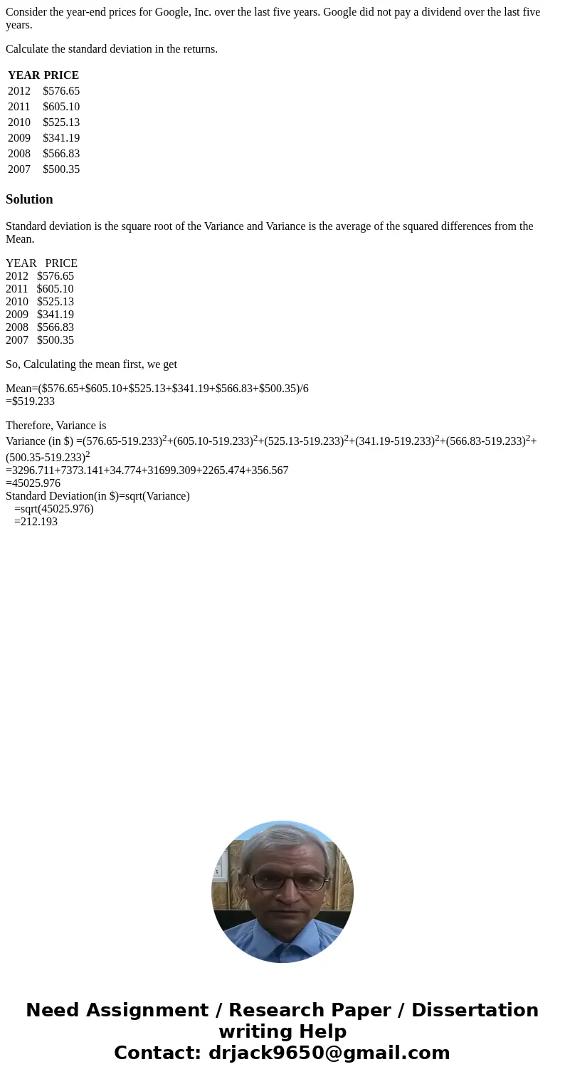 Consider the year-end prices for Google, Inc. over the last five years. Google did not pay a dividend over the last five years. Calculate the standard deviation Consider the year-end prices for Google, Inc. over the last five years. Google did not pay a dividend over the last five years. Calculate the standard deviation