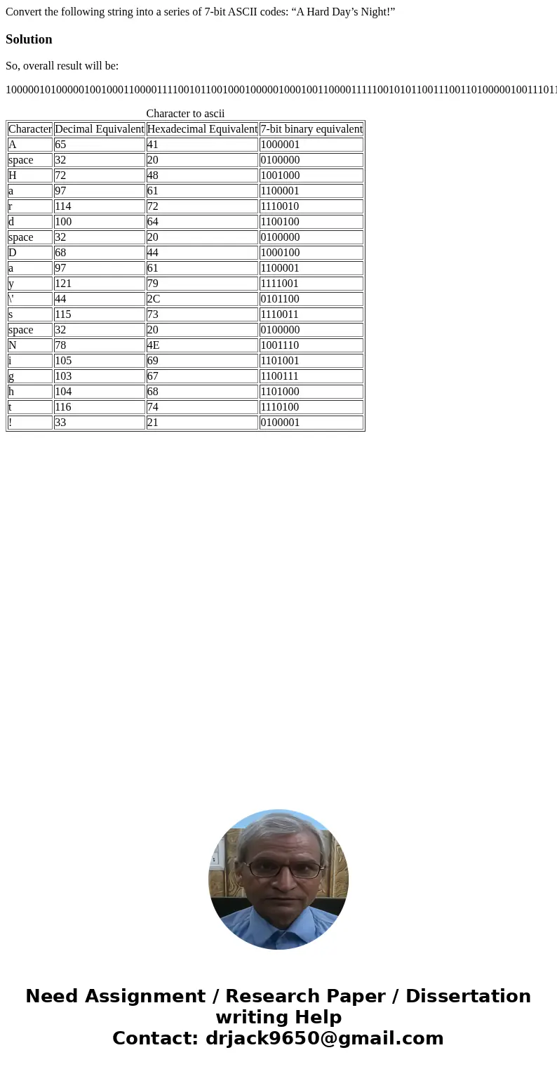 Convert the following string into a series of 7-bit ASCII codes: “A Hard Day’s Night!”SolutionSo, overall result will be: 10000010100000100100011000011110010110 Convert the following string into a series of 7-bit ASCII codes: “A Hard Day’s Night!”SolutionSo, overall result will be: 10000010100000100100011000011110010110