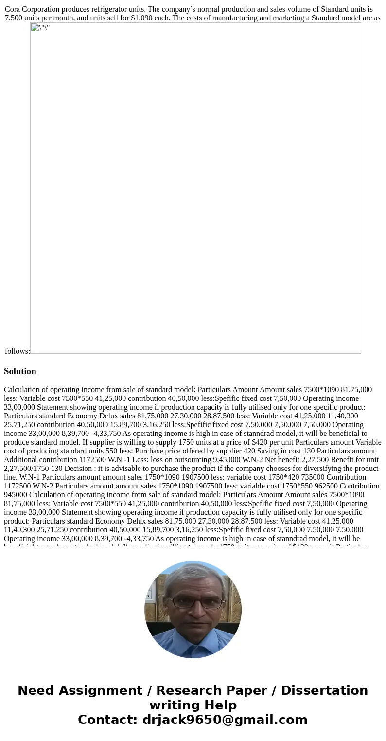  Cora Corporation produces refrigerator units. The company’s normal production and sales volume of Standard units is 7,500 units per month, and units sell for $