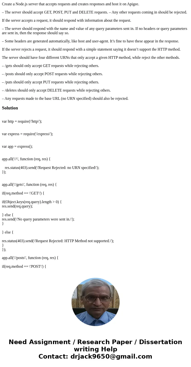 Create a Node.js server that accepts requests and creates responses and host it on Apigee. – The server should accept GET, POST, PUT and DELETE requests. – Any  Create a Node.js server that accepts requests and creates responses and host it on Apigee. – The server should accept GET, POST, PUT and DELETE requests. – Any