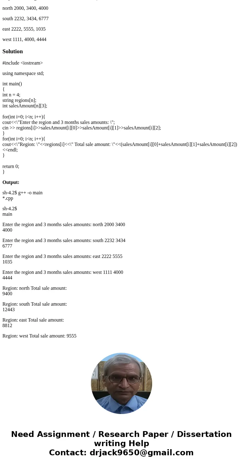 Create a program using C ++ (microsoft visual studios 2013) using atleast one for loop that displays the sales amounts made in each of four regions (north, sout Create a program using C ++ (microsoft visual studios 2013) using atleast one for loop that displays the sales amounts made in each of four regions (north, sout