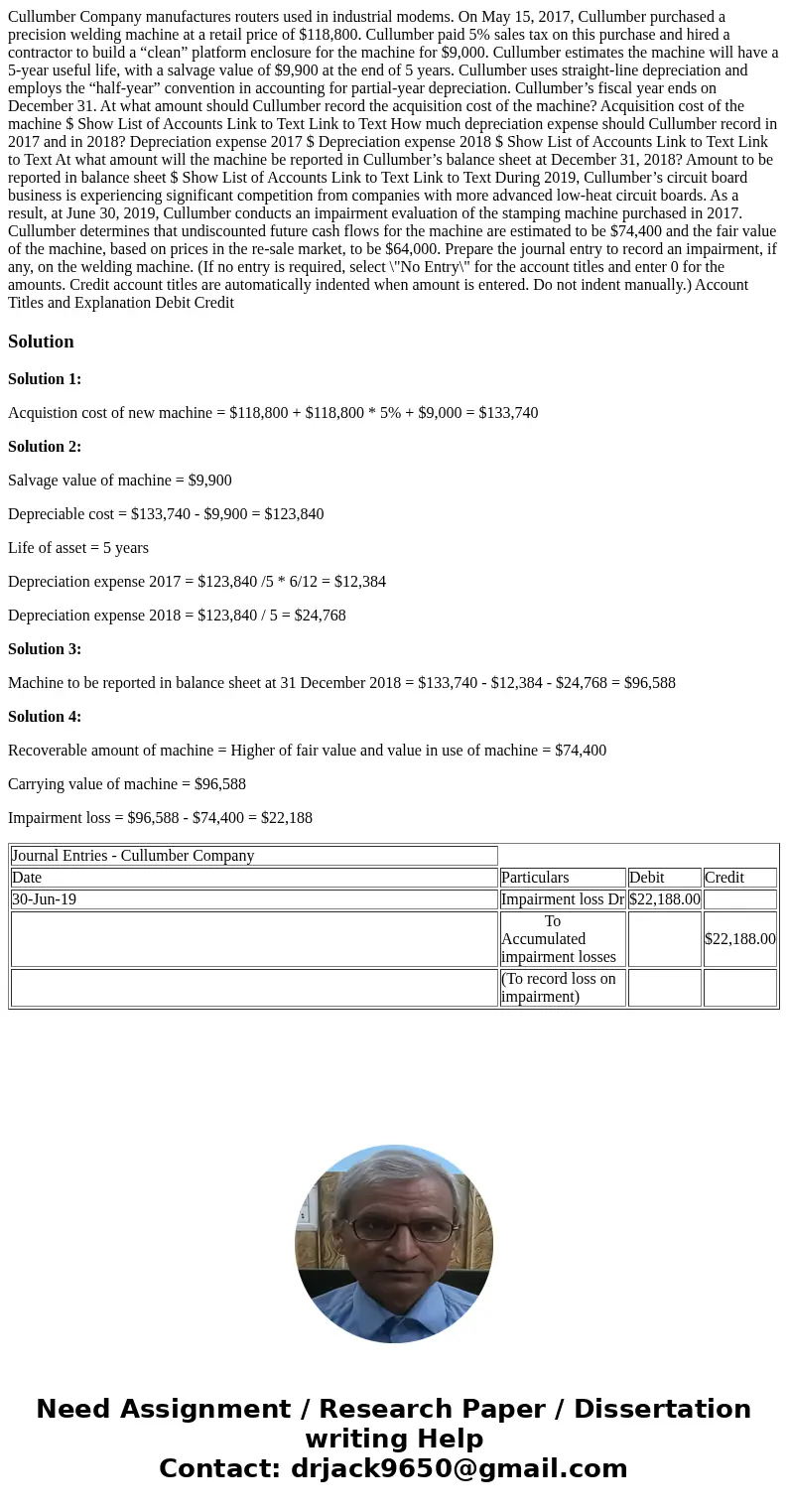 Cullumber Company manufactures routers used in industrial modems. On May 15, 2017, Cullumber purchased a precision welding machine at a retail price of $118,800