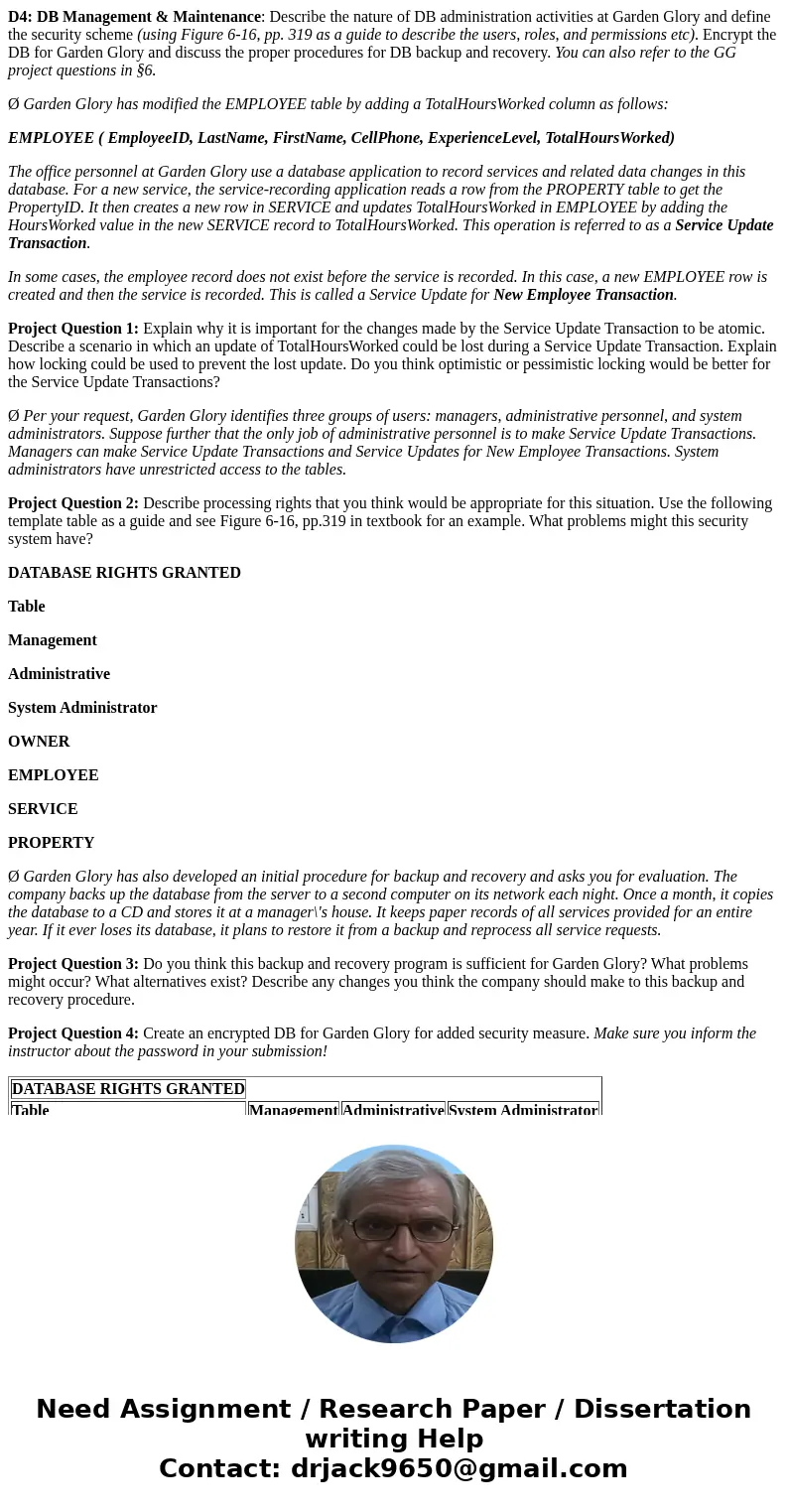 D4: DB Management & Maintenance: Describe the nature of DB administration activities at Garden Glory and define the security scheme (using Figure 6-16, pp. 
