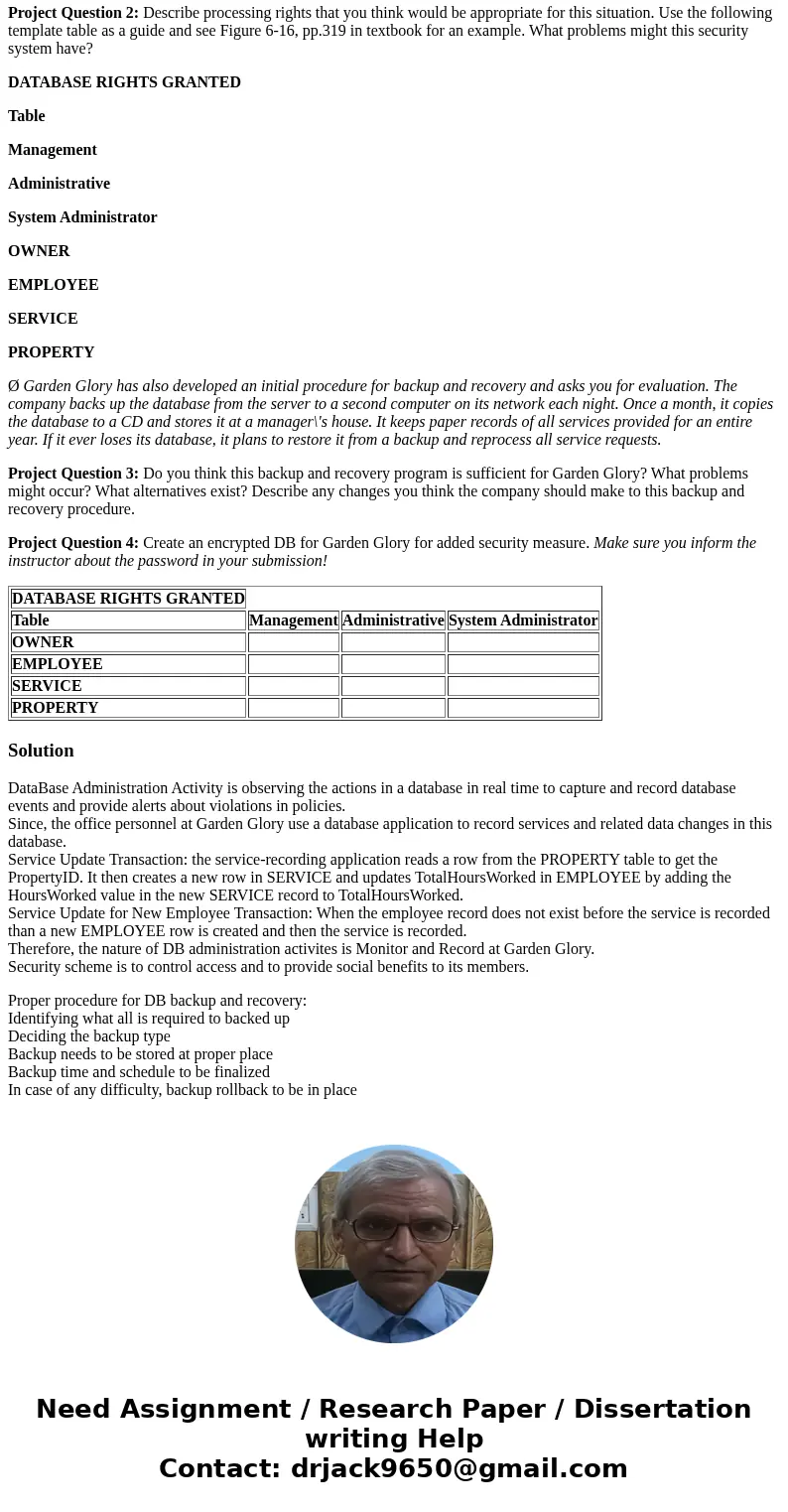 D4: DB Management & Maintenance: Describe the nature of DB administration activities at Garden Glory and define the security scheme (using Figure 6-16, pp. 