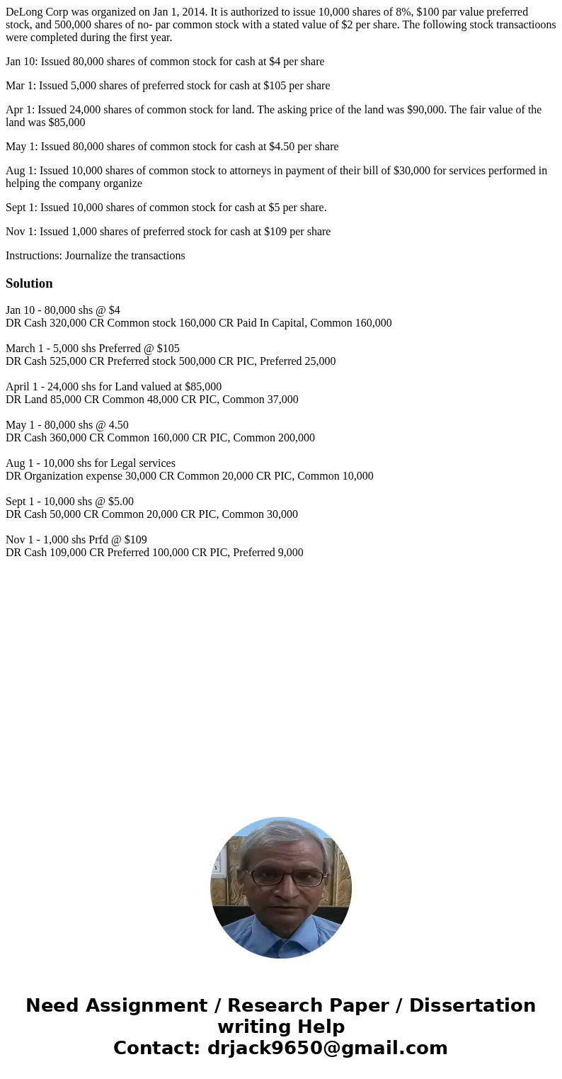DeLong Corp was organized on Jan 1, 2014. It is authorized to issue 10,000 shares of 8%, $100 par value preferred stock, and 500,000 shares of no- par common st DeLong Corp was organized on Jan 1, 2014. It is authorized to issue 10,000 shares of 8%, $100 par value preferred stock, and 500,000 shares of no- par common st