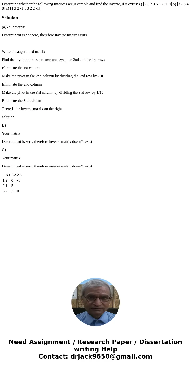  Determine whether the following matrices are invertible and find the inverse, if it exists: a) [2 1 2 0 5 3 -1 1 0] b) [3 -6 -4 8] c) [1 3 2 -1 1 3 2 2 -1]Solu