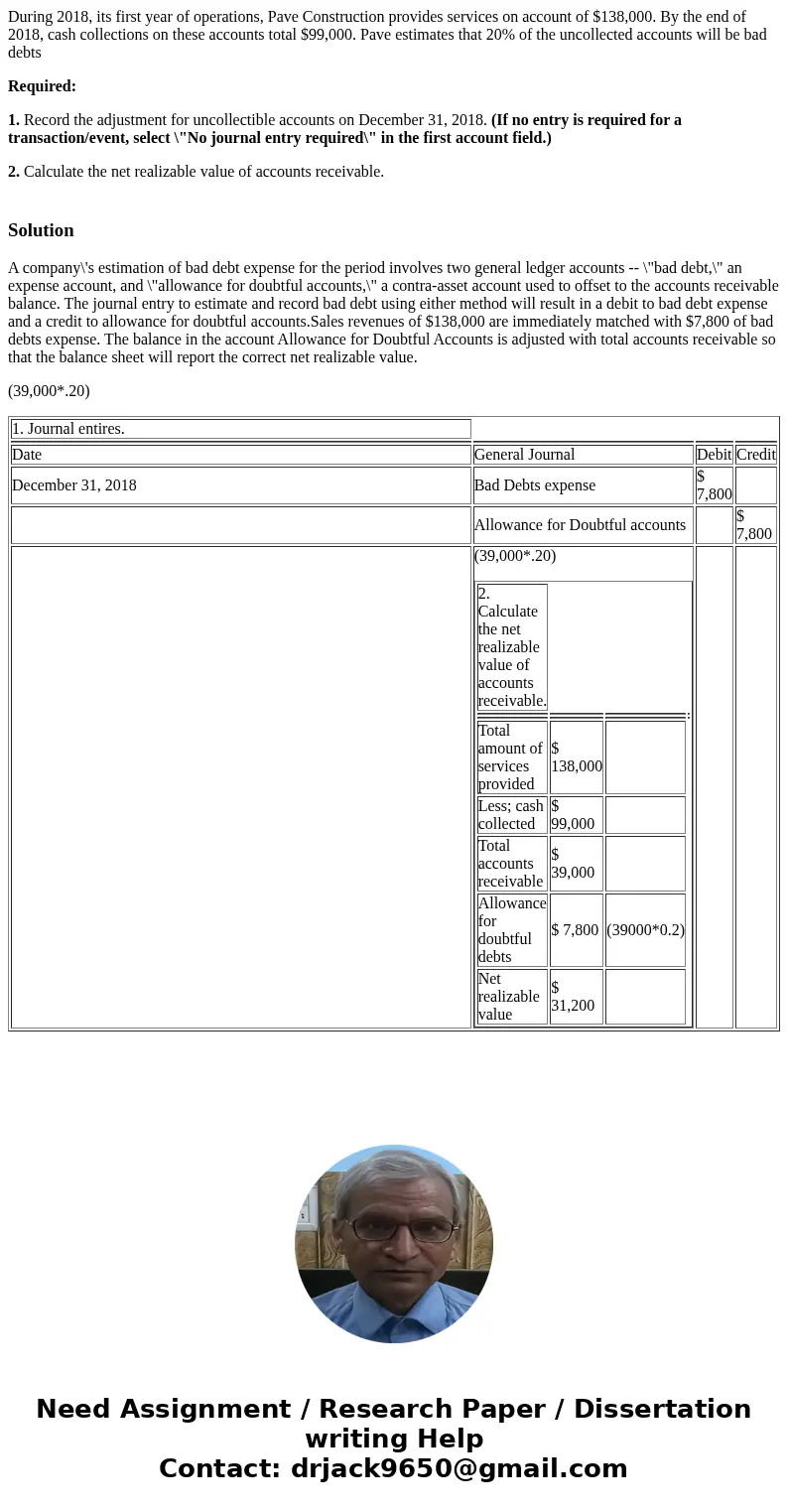 During 2018, its first year of operations, Pave Construction provides services on account of $138,000. By the end of 2018, cash collections on these accounts to
