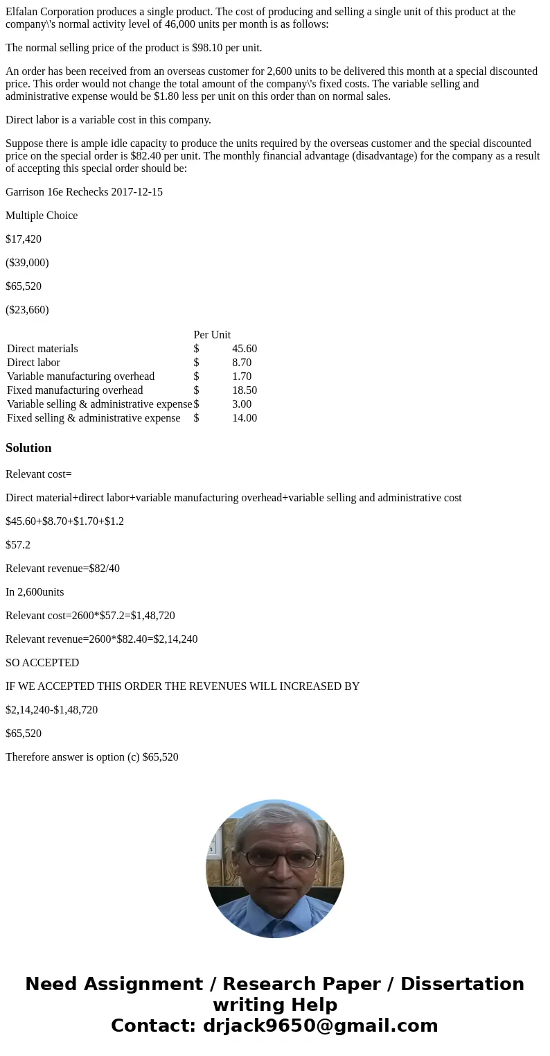 Elfalan Corporation produces a single product. The cost of producing and selling a single unit of this product at the company\'s normal activity level of 46,000