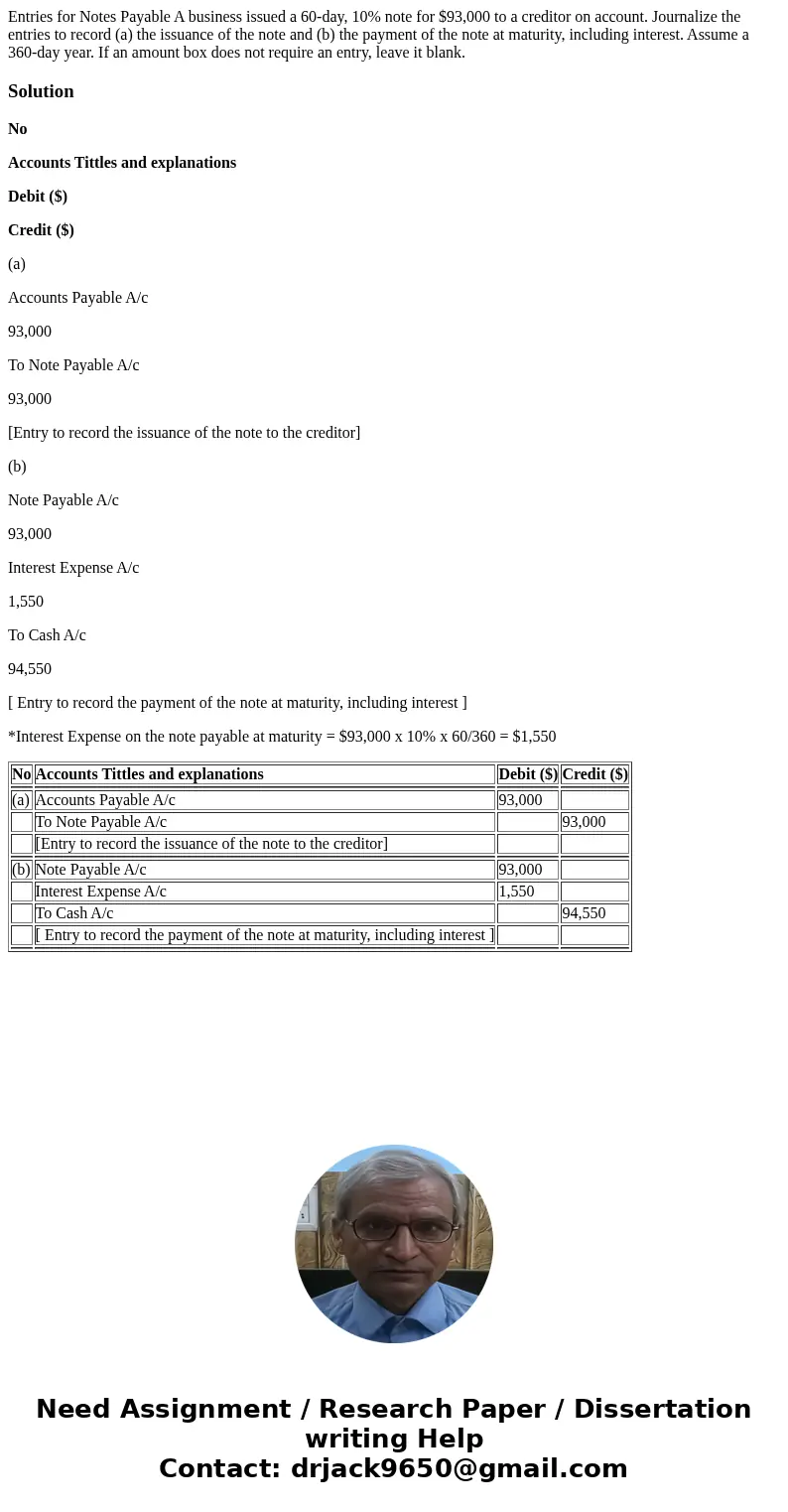 Entries for Notes Payable A business issued a 60-day, 10% note for $93,000 to a creditor on account. Journalize the entries to record (a) the issuance of the no Entries for Notes Payable A business issued a 60-day, 10% note for $93,000 to a creditor on account. Journalize the entries to record (a) the issuance of the no