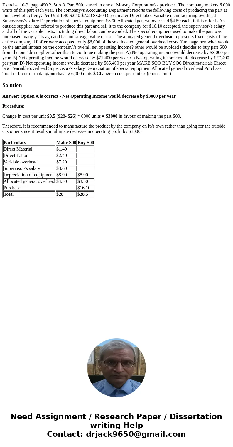 Exercise 10-2, page 490 2. 5uA 3. Part 500 is used in one of Morsey Corporation\'s products. The company makers 6.000 wnits of this part each year. The company  Exercise 10-2, page 490 2. 5uA 3. Part 500 is used in one of Morsey Corporation\'s products. The company makers 6.000 wnits of this part each year. The company