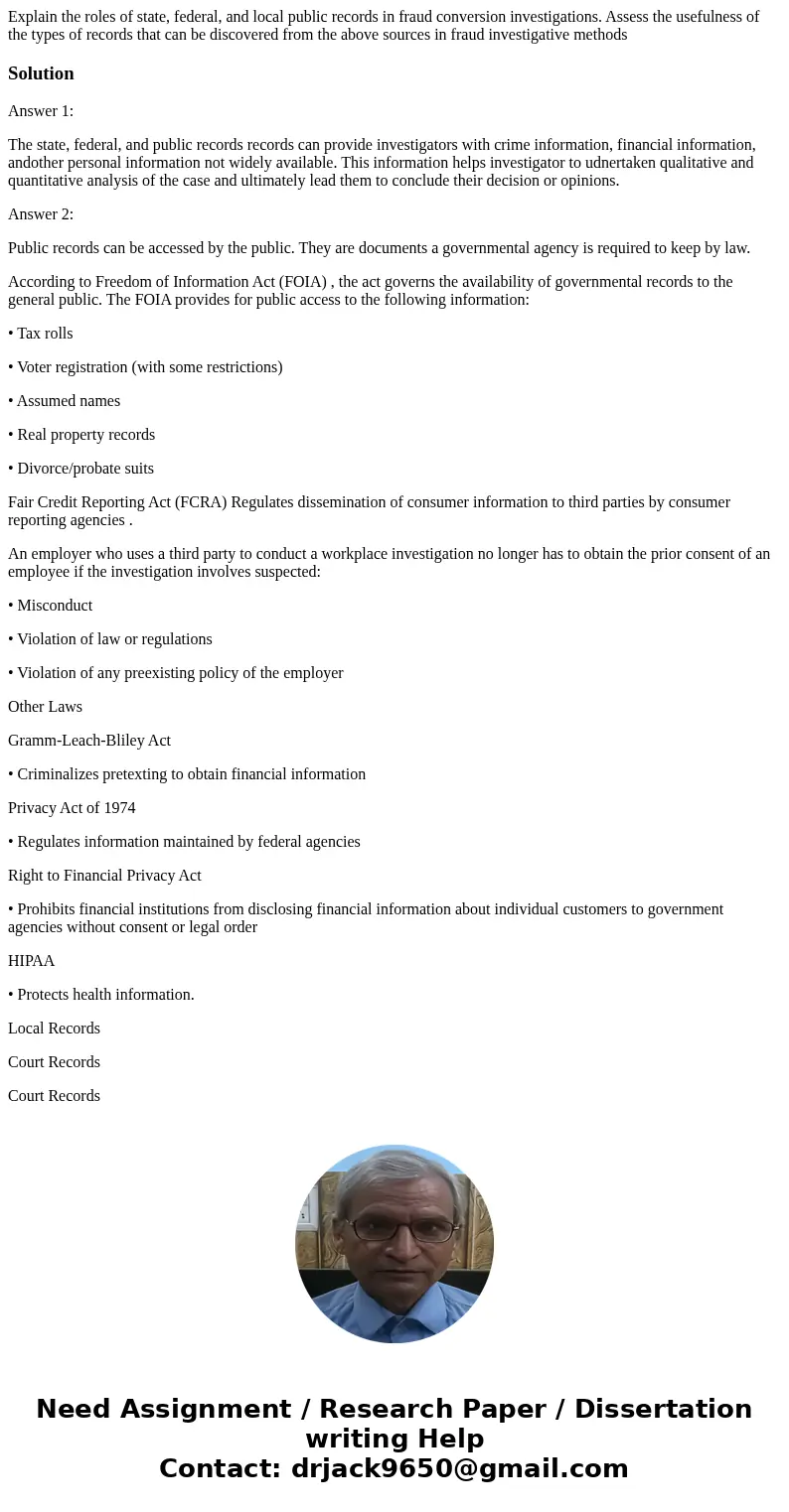 Explain the roles of state, federal, and local public records in fraud conversion investigations. Assess the usefulness of the types of records that can be dis  Explain the roles of state, federal, and local public records in fraud conversion investigations. Assess the usefulness of the types of records that can be dis