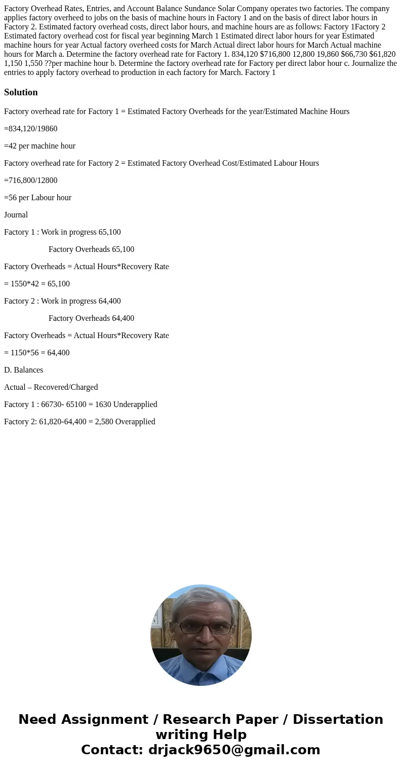 Factory Overhead Rates, Entries, and Account Balance Sundance Solar Company operates two factories. The company applies factory overheed to jobs on the basis o  Factory Overhead Rates, Entries, and Account Balance Sundance Solar Company operates two factories. The company applies factory overheed to jobs on the basis o