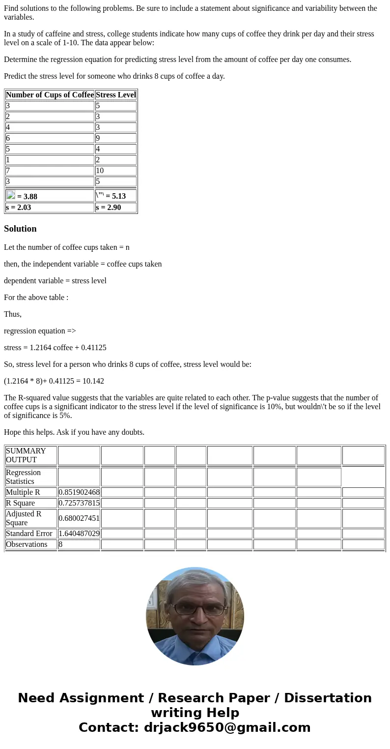 Find solutions to the following problems. Be sure to include a statement about significance and variability between the variables. In a study of caffeine and st