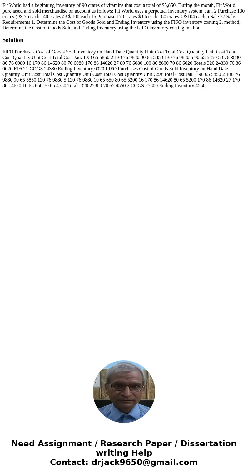 Fit World had a beginning inventory of 90 crates of vitamins that cost a total of $5,850, During the month, Fit World purchased and sold merchandise on account  Fit World had a beginning inventory of 90 crates of vitamins that cost a total of $5,850, During the month, Fit World purchased and sold merchandise on account