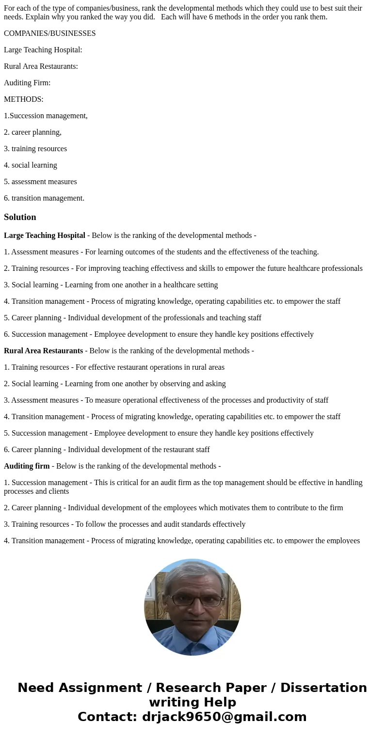For each of the type of companies/business, rank the developmental methods which they could use to best suit their needs. Explain why you ranked the way you did For each of the type of companies/business, rank the developmental methods which they could use to best suit their needs. Explain why you ranked the way you did