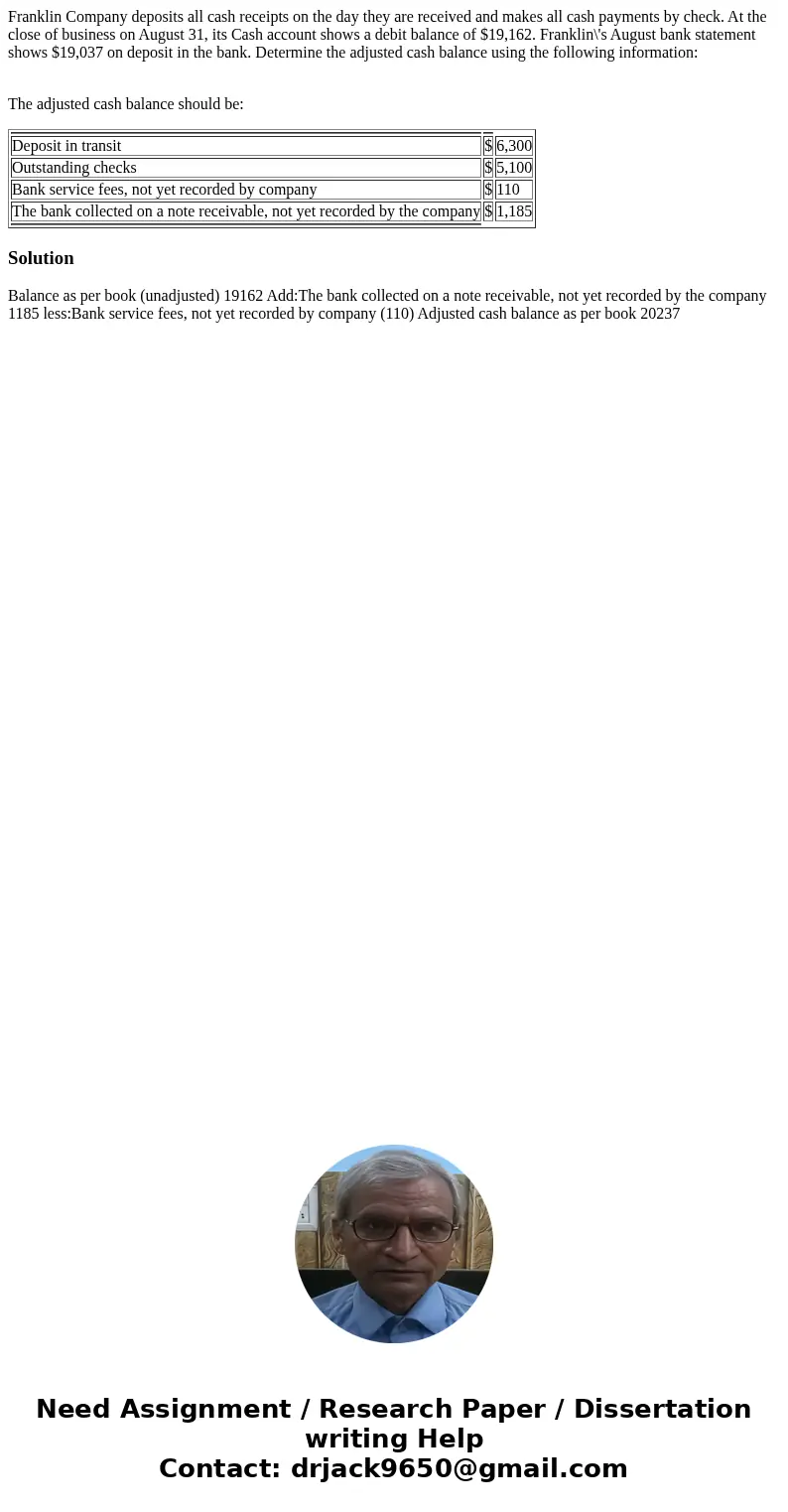 Franklin Company deposits all cash receipts on the day they are received and makes all cash payments by check. At the close of business on August 31, its Cash a