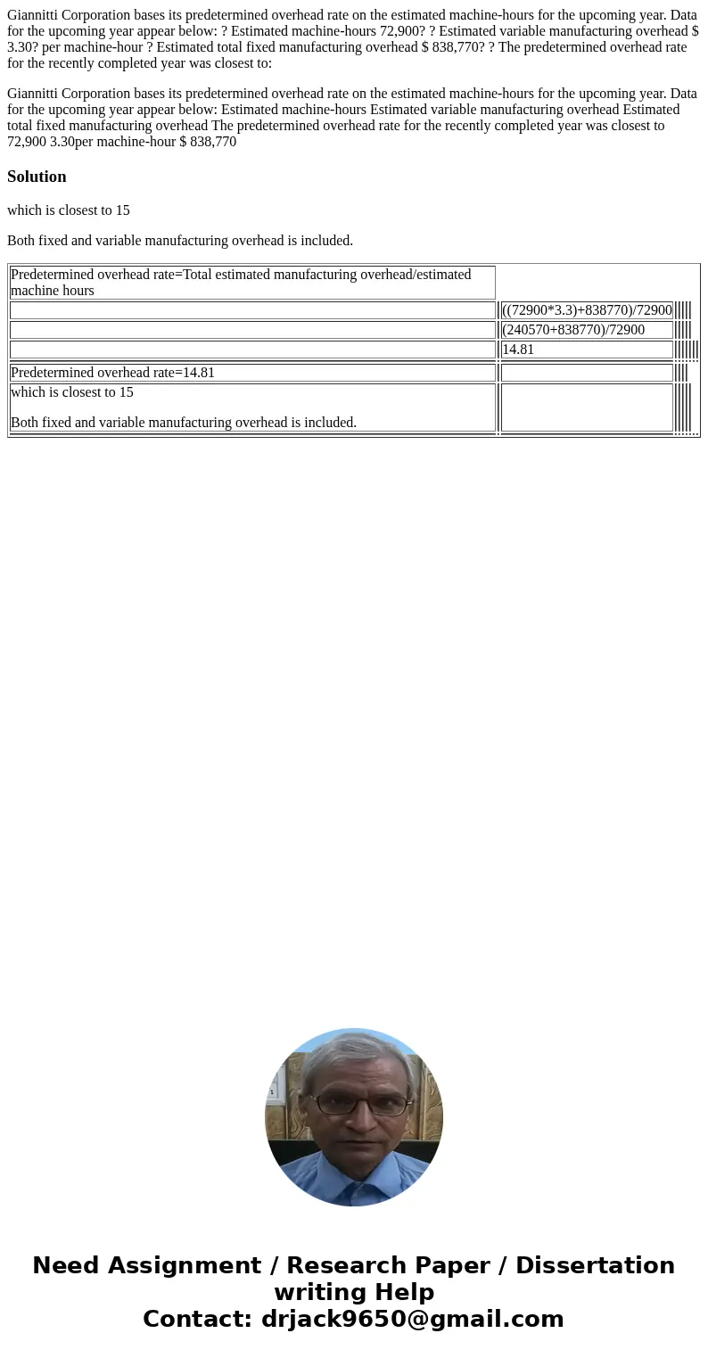 Giannitti Corporation bases its predetermined overhead rate on the estimated machine-hours for the upcoming year. Data for the upcoming year appear below: ? Est