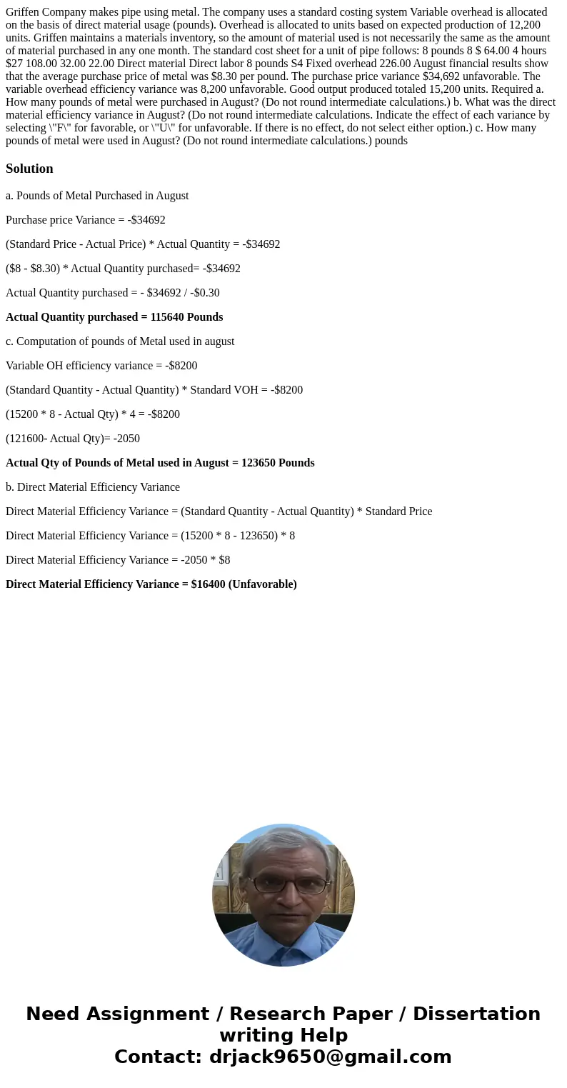  Griffen Company makes pipe using metal. The company uses a standard costing system Variable overhead is allocated on the basis of direct material usage (pounds