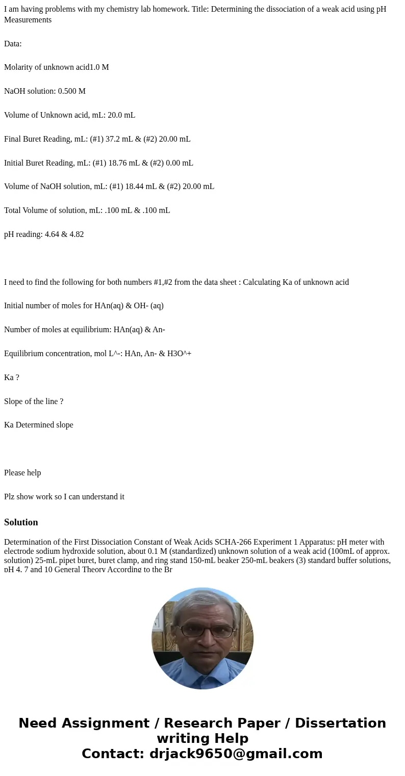 I am having problems with my chemistry lab homework. Title: Determining the dissociation of a weak acid using pH Measurements Data: Molarity of unknown acid1.0  I am having problems with my chemistry lab homework. Title: Determining the dissociation of a weak acid using pH Measurements Data: Molarity of unknown acid1.0