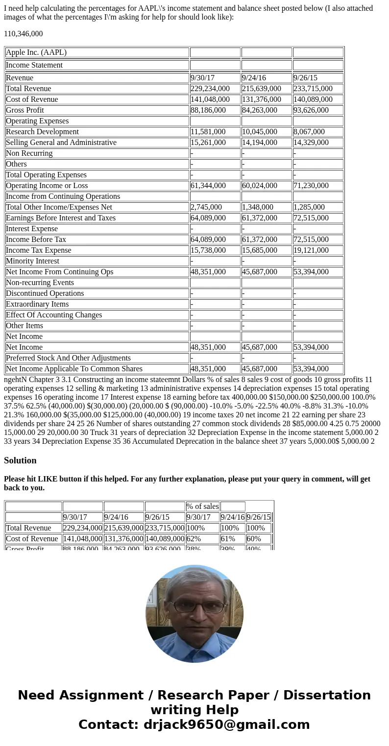 I need help calculating the percentages for AAPL\'s income statement and balance sheet posted below (I also attached images of what the percentages I\'m asking 