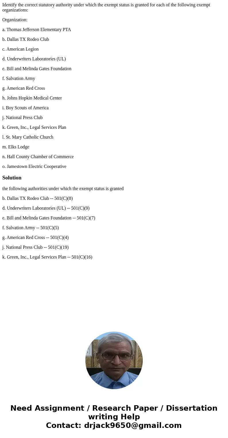 Identify the correct statutory authority under which the exempt status is granted for each of the following exempt organizations: Organization: a. Thomas Jeffer Identify the correct statutory authority under which the exempt status is granted for each of the following exempt organizations: Organization: a. Thomas Jeffer