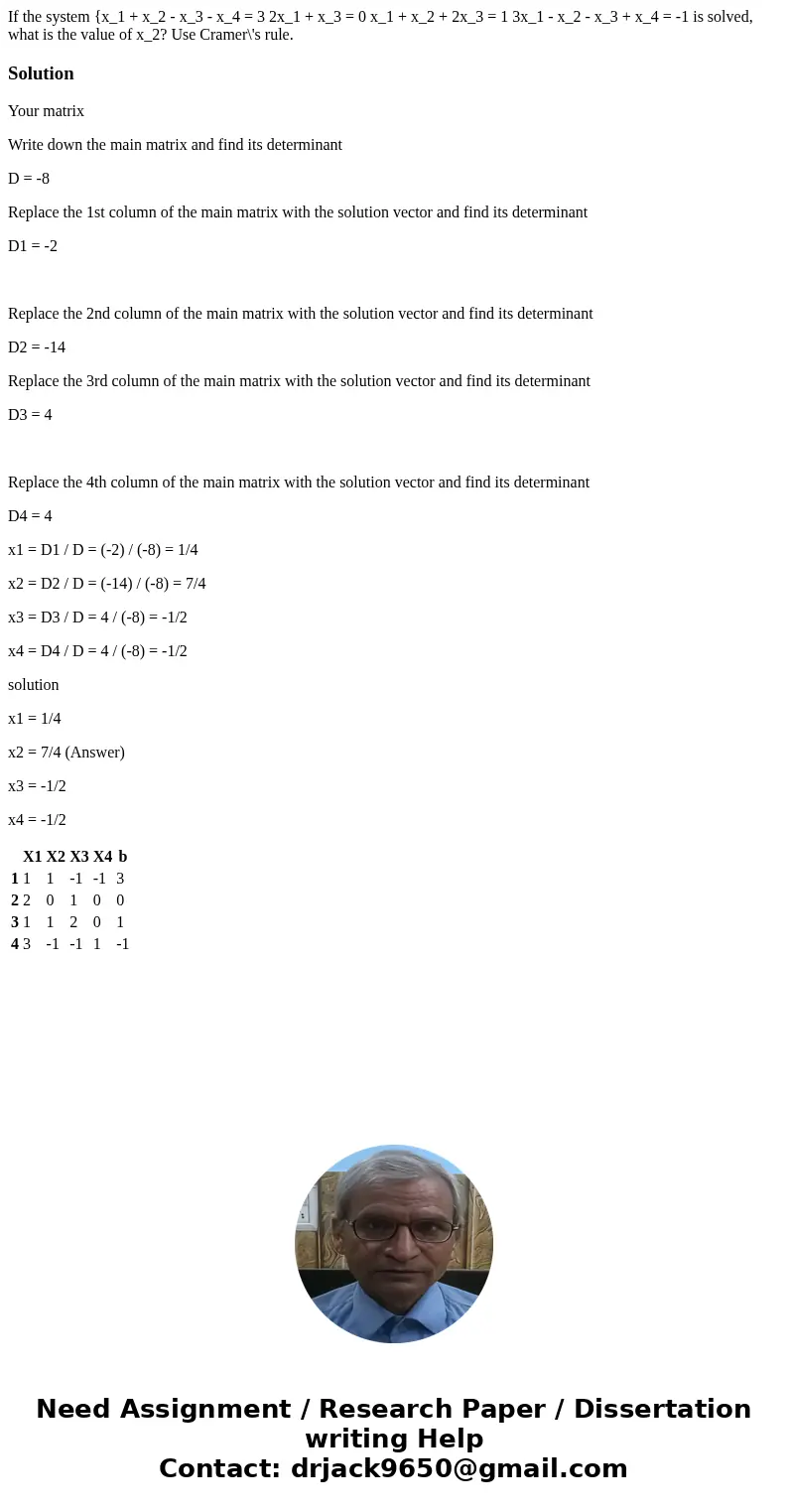 If the system {x_1 + x_2 - x_3 - x_4 = 3 2x_1 + x_3 = 0 x_1 + x_2 + 2x_3 = 1 3x_1 - x_2 - x_3 + x_4 = -1 is solved, what is the value of x_2? Use Cramer\'s rul  If the system {x_1 + x_2 - x_3 - x_4 = 3 2x_1 + x_3 = 0 x_1 + x_2 + 2x_3 = 1 3x_1 - x_2 - x_3 + x_4 = -1 is solved, what is the value of x_2? Use Cramer\'s rul
