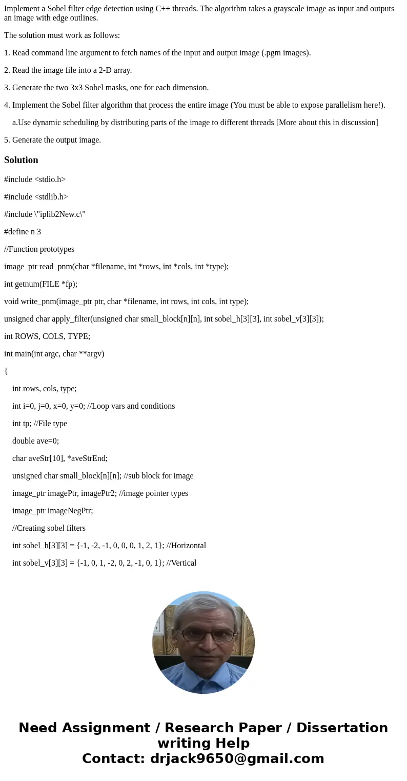 Implement a Sobel filter edge detection using C++ threads. The algorithm takes a grayscale image as input and outputs an image with edge outlines. The solution 